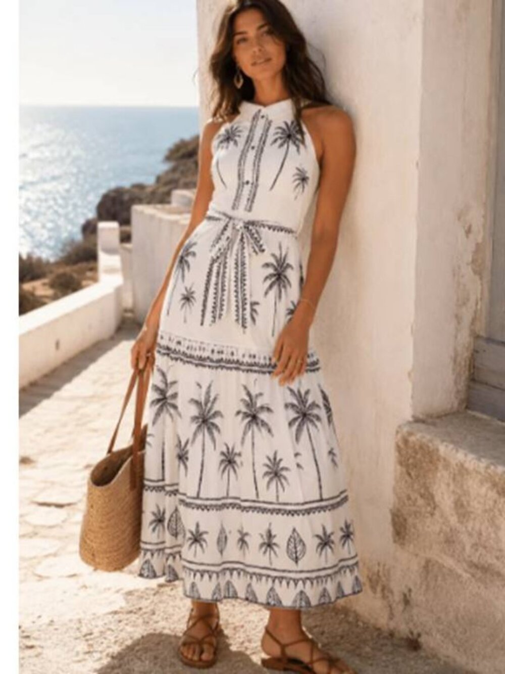 Half Heart Womens Allover Print Halter Self Tie Maxi Dress Chic Tropical Green
